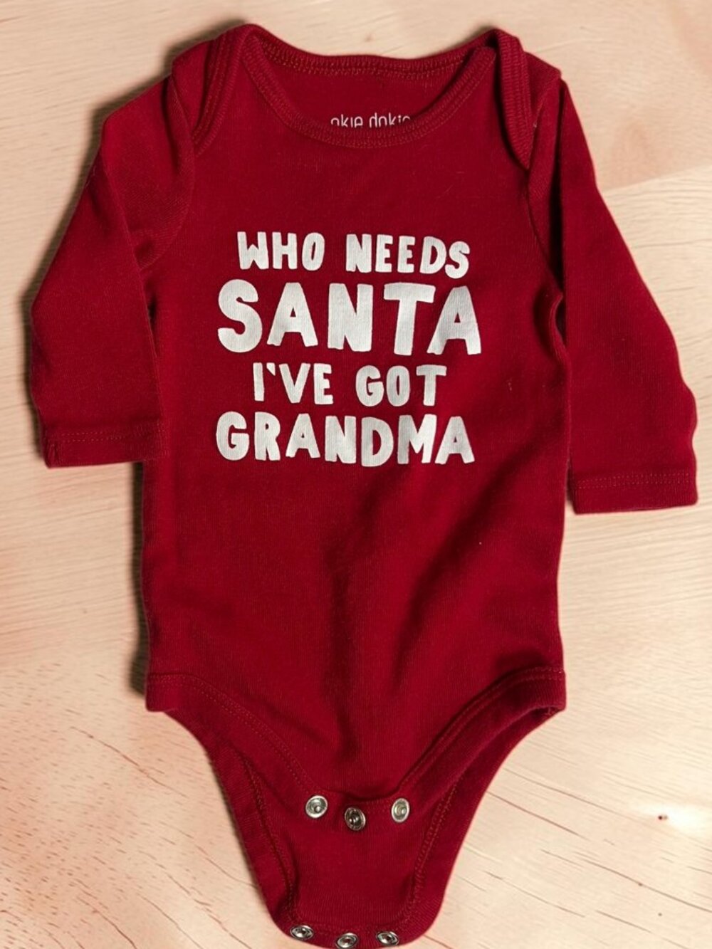6/$12 💥♻ Okie Dokie Red Christmas "Who Needs Santa" Bodysuit | Newborn | 7561